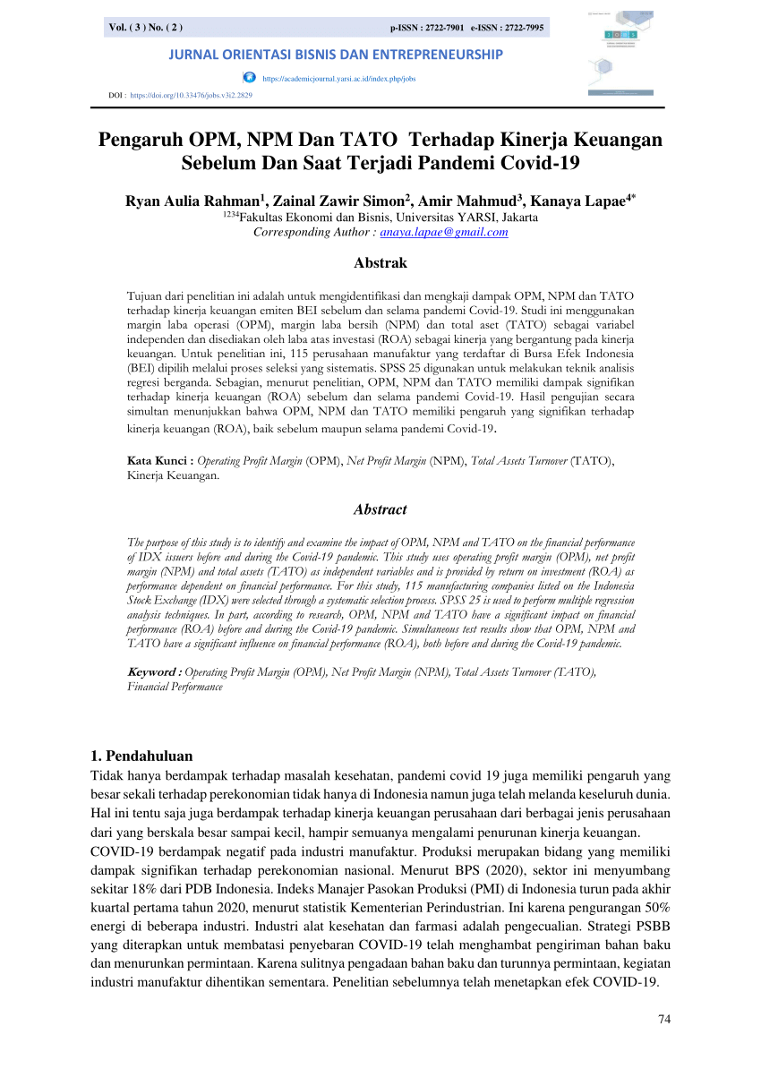 Pdf Pengaruh Opm Npm Dan Tato Terhadap Kinerja Keuangan Sebelum Dan Saat Terjadi Pandemi 3649