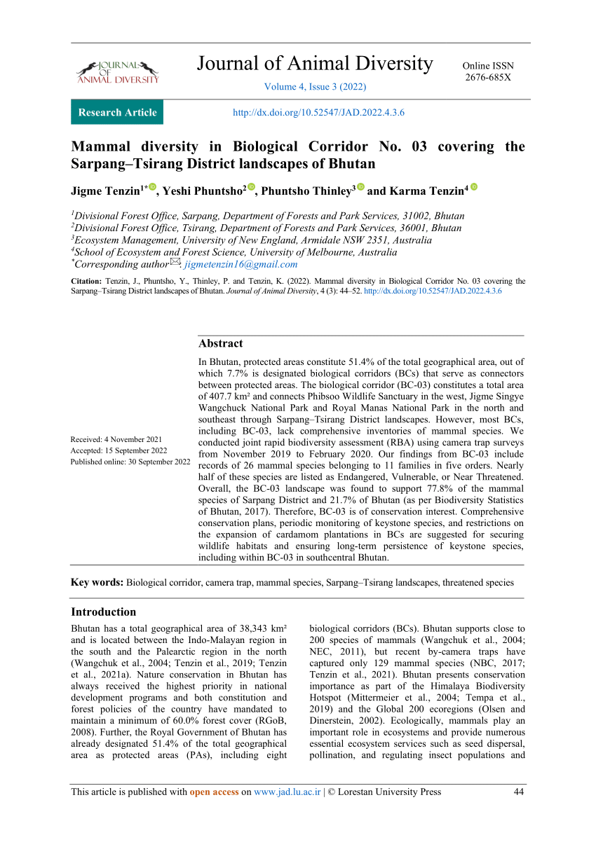 PDF) Mammal diversity in Biological Corridor No. 03 covering the  Sarpang-Tsirang District landscapes of Bhutan
