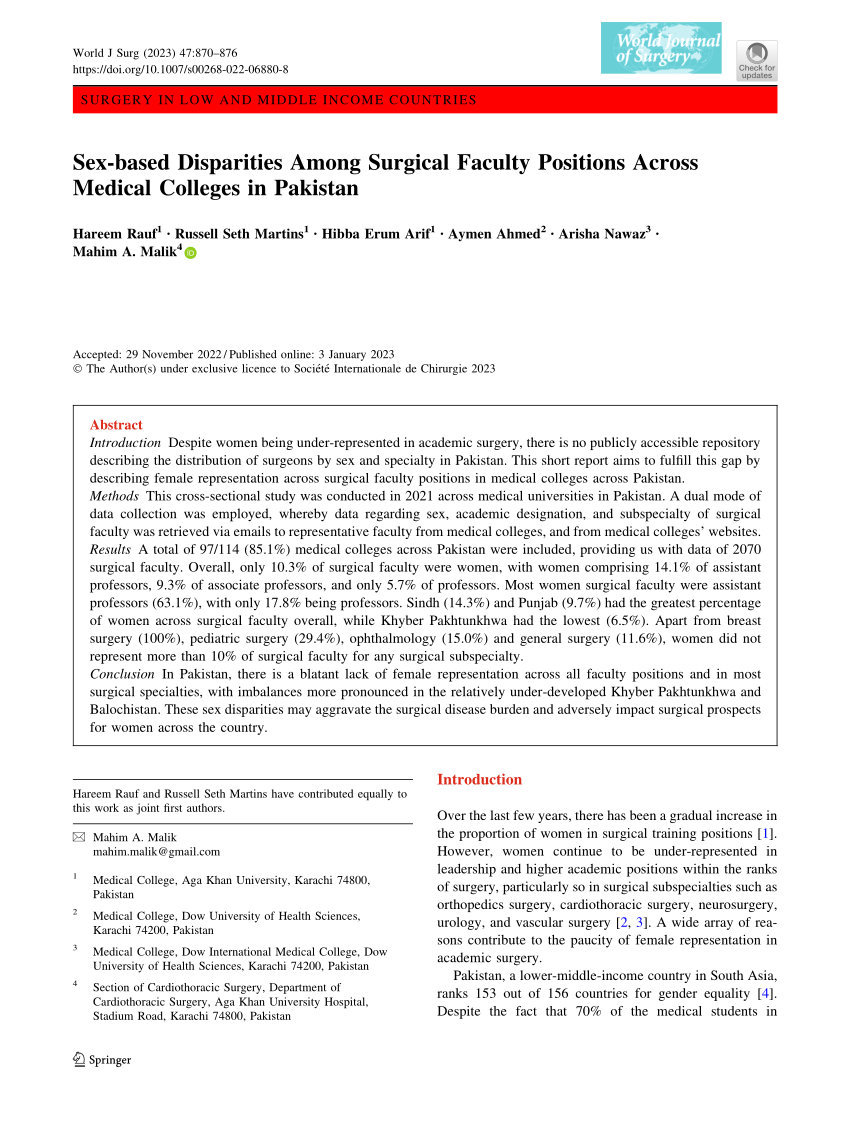 Pdf Sex Based Disparities Among Surgical Faculty Positions Across Medical Colleges In Pakistan 