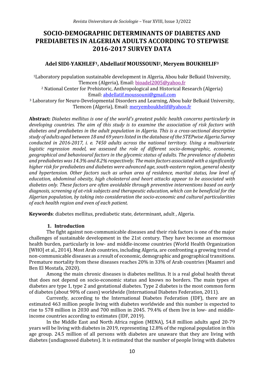 PDF SOCIO DEMOGRAPHIC DETERMINANTS OF DIABETES AND PREDIABETES IN  