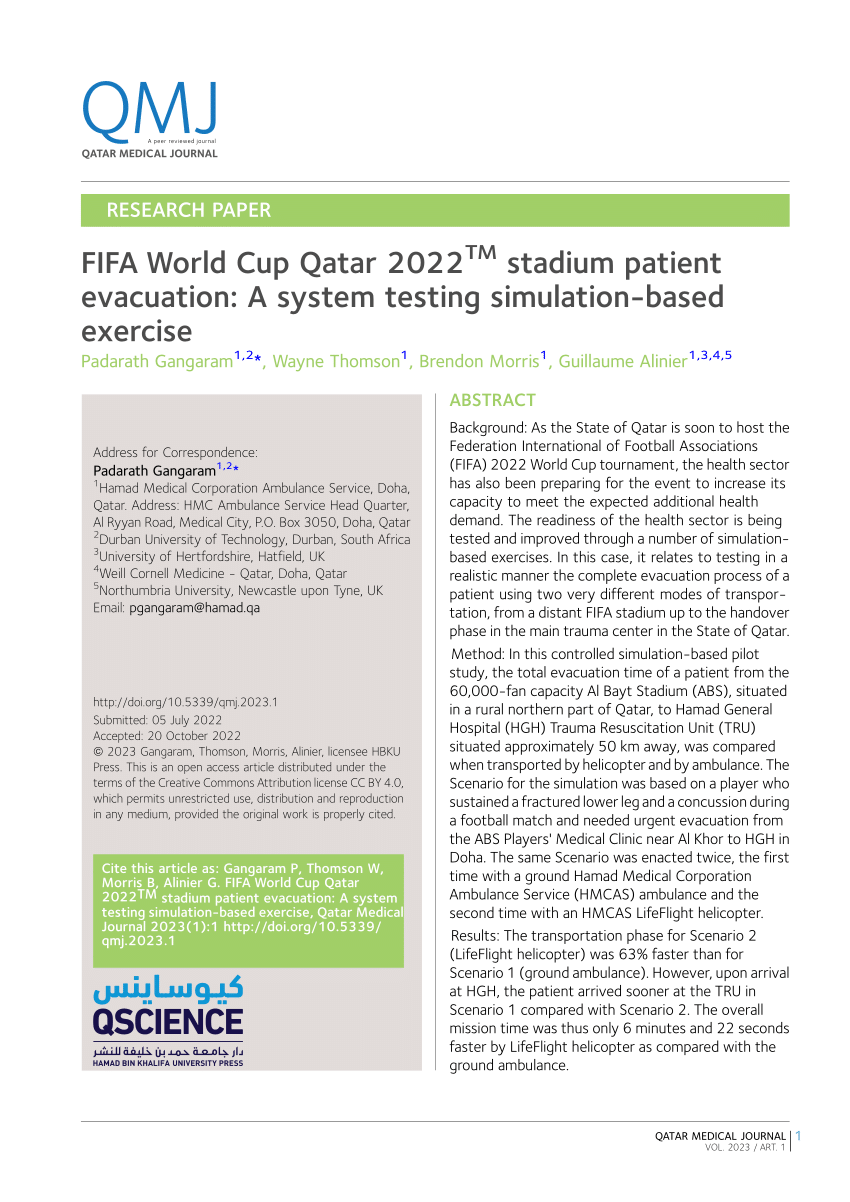 PDF) FIFA World Cup Qatar 2022TM stadium patient evacuation: A system  testing simulation-based exercise