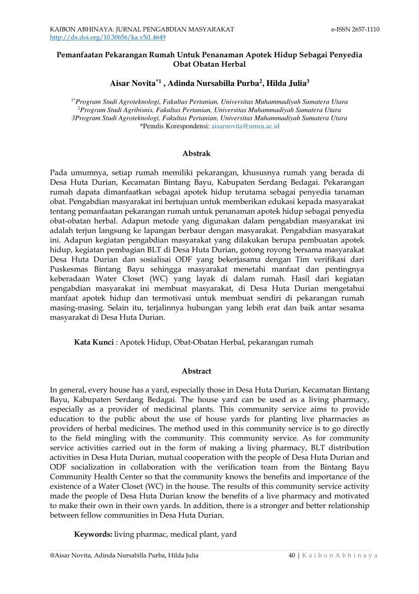 Pdf Pemanfaatan Pekarangan Rumah Untuk Penanaman Apotek Hidup Sebagai Penyedia Obat Obatan Herbal 0002