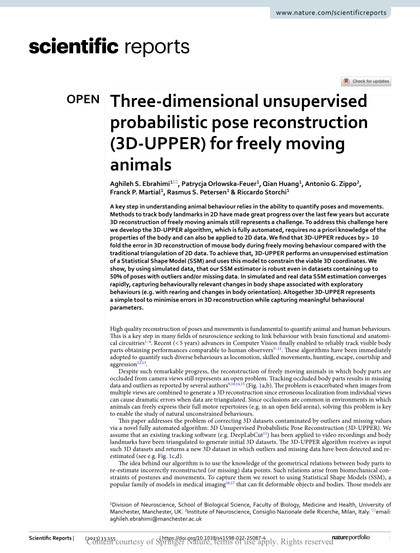 Three-dimensional unsupervised probabilistic pose reconstruction (3D-UPPER)  for freely moving animals