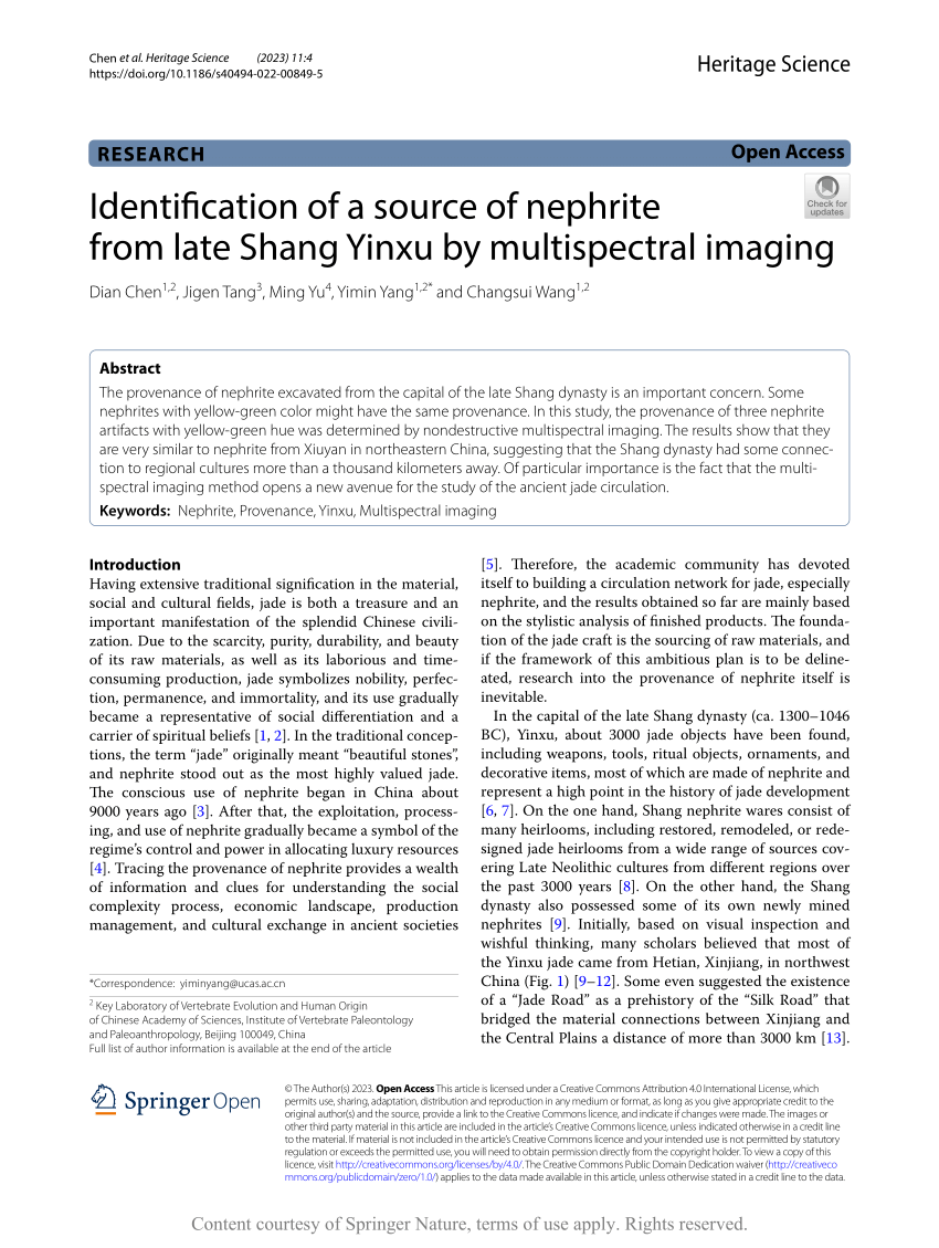 Identification of a source of nephrite from late Shang Yinxu by  multispectral imaging, Heritage Science