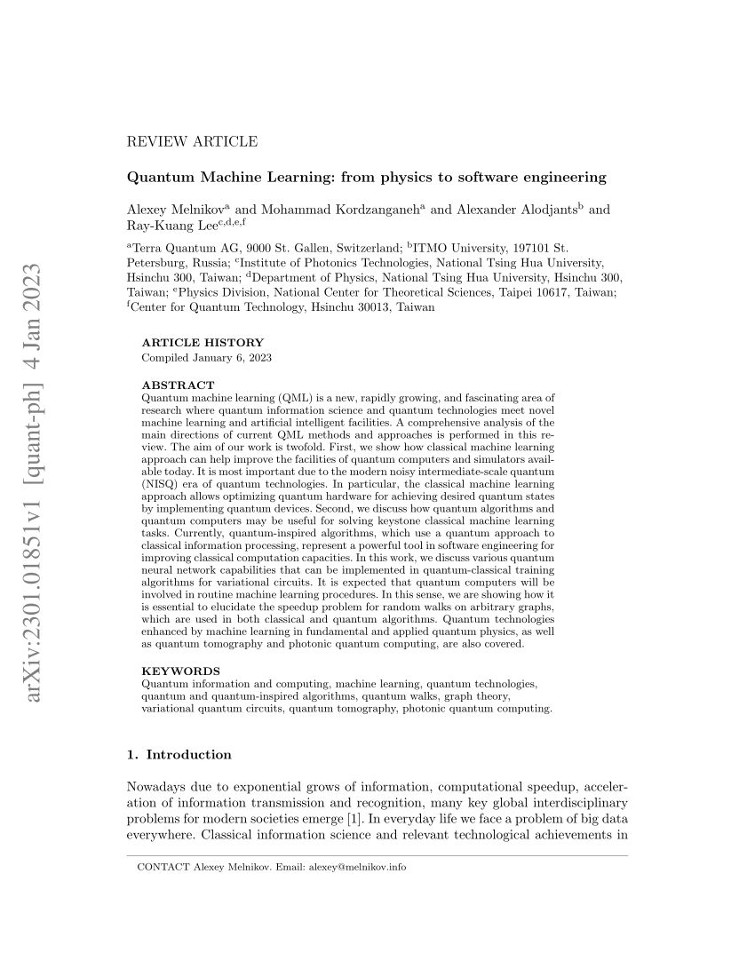 PDF) Quantum Machine Learning: from physics to software engineering