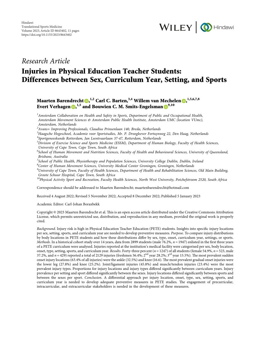 PDF) Injuries in Physical Education Teacher Students: Differences between  Sex, Curriculum Year, Setting, and Sports