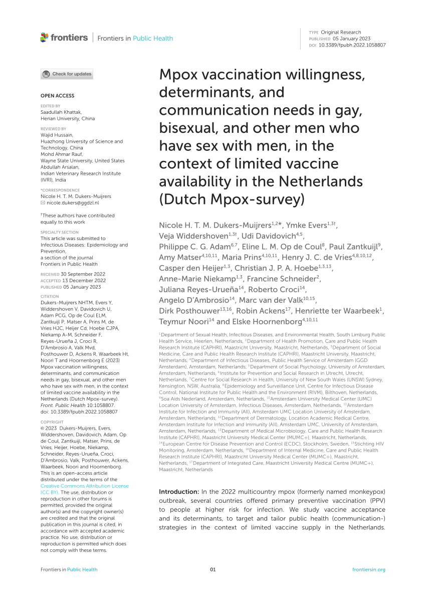 PDF) Mpox vaccination willingness, determinants, and communication needs in gay, bisexual, and other men who have sex with men, in the context of limited vaccine availability in the Netherlands (Dutch Mpox-survey) image