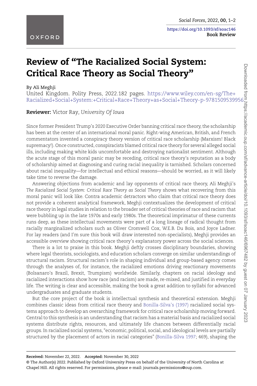 Pdf Review Of “the Racialized Social System Critical Race Theory As Social Theory” 