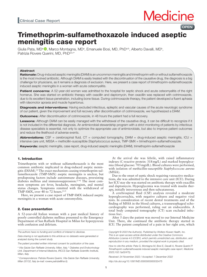 Pdf Trimethoprim Sulfamethoxazole Induced Aseptic Meningitis Case Report