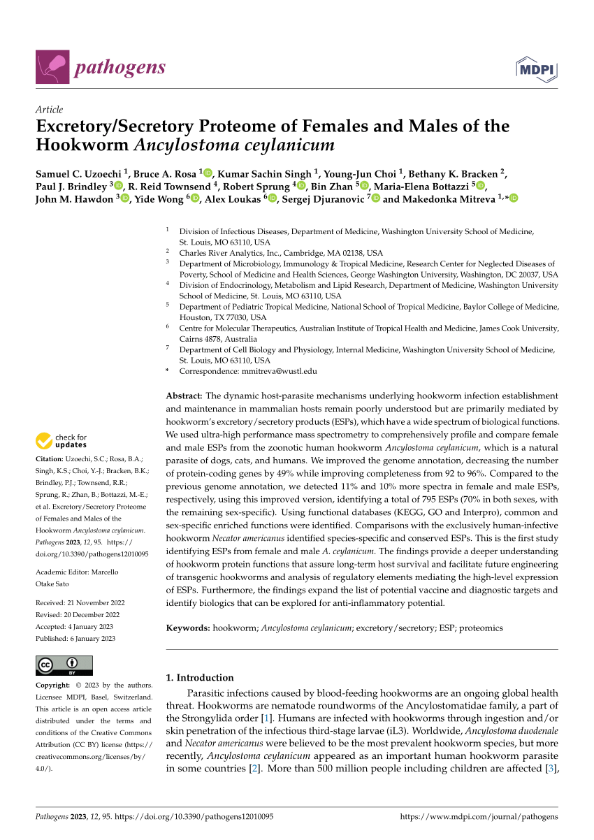 PDF) Excretory/Secretory Proteome of Females and Males of the Hookworm  Ancylostoma ceylanicum