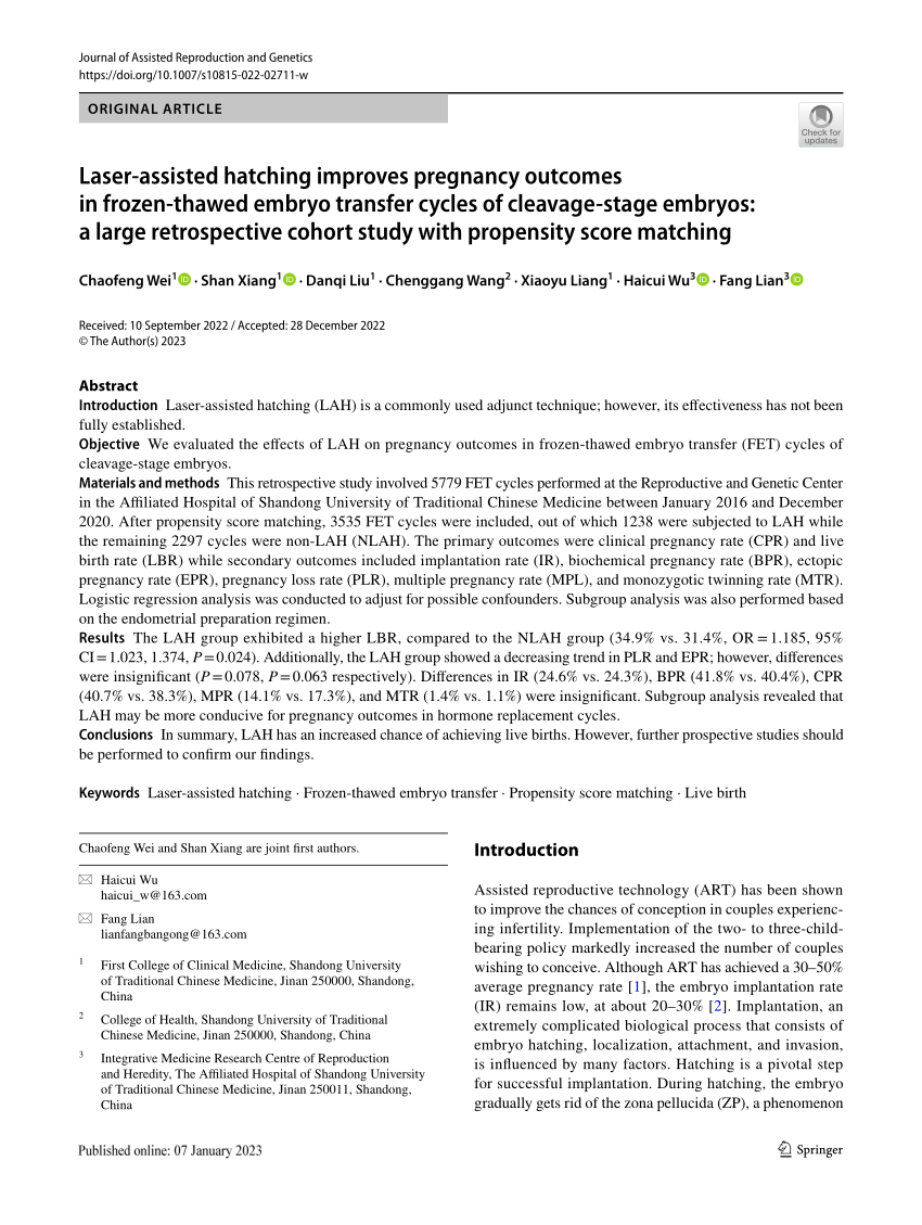 (PDF) Laserassisted hatching improves pregnancy in frozen