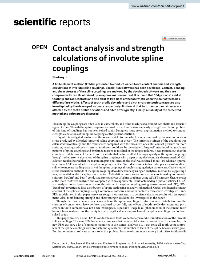 Contact analysis and strength calculations of involute spline