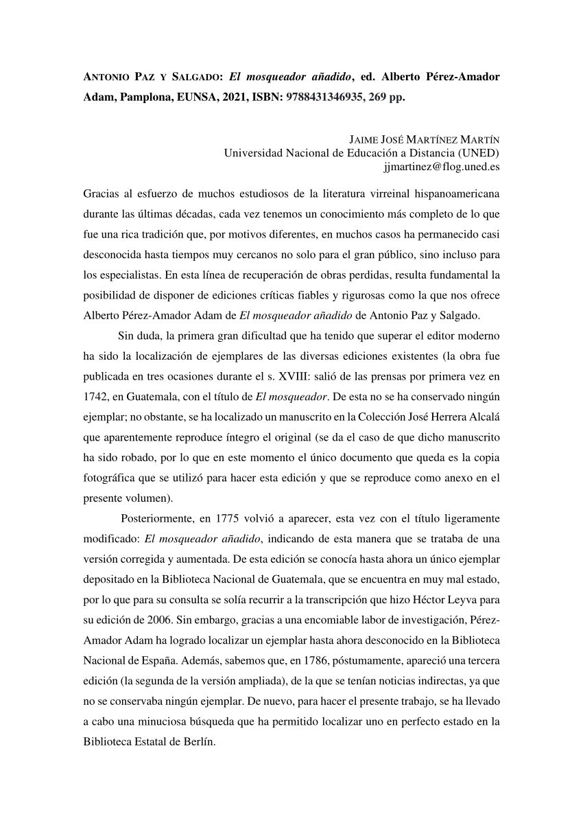 (PDF) Reseña de El mosqueador añadido, de Antonio Paz y Salgado, ed ...