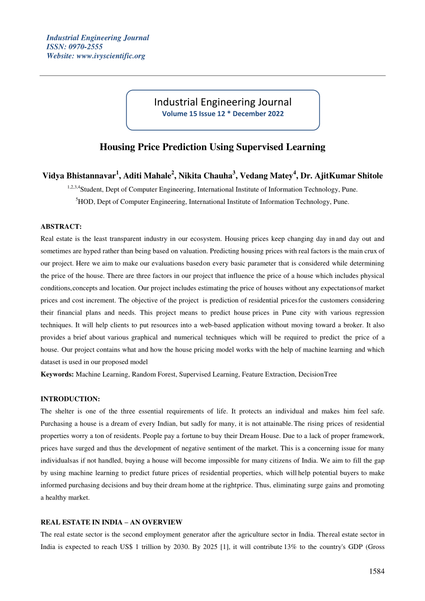 (PDF) Housing Price Prediction Using Supervised Learning