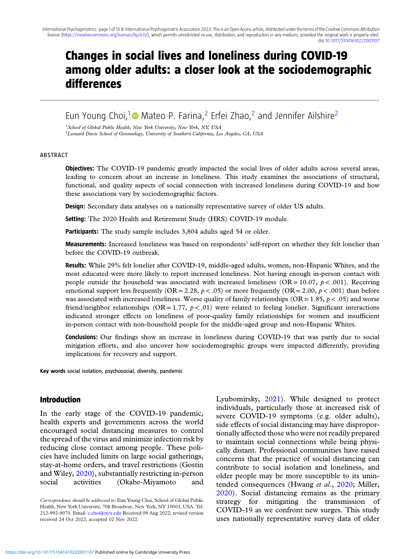 (PDF) Changes in social lives and loneliness during COVID-19 among