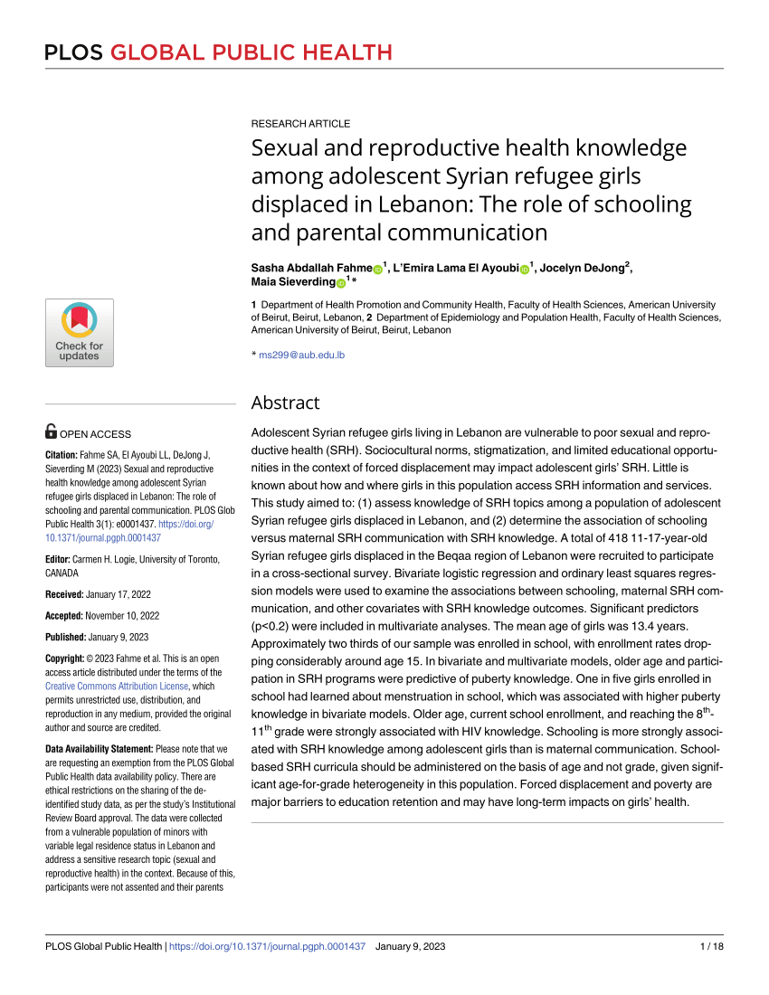 Pdf Sexual And Reproductive Health Knowledge Among Adolescent Syrian Refugee Girls Displaced 