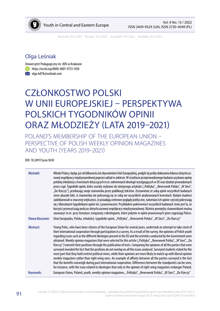 Pdf Członkostwo Polski W Unii Europejskiej Perspektywa Polskich Tygodników Opinii Oraz 8240