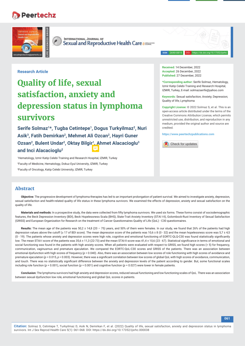 Pdf Quality Of Life Sexual Satisfaction Anxiety And Depression Status In Lymphoma Survivors 2040