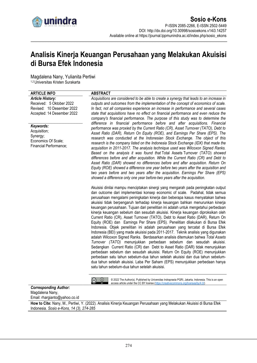 Pdf Analisis Kinerja Keuangan Perusahaan Yang Melakukan Akuisisi Di Bursa Efek Indonesia 8591