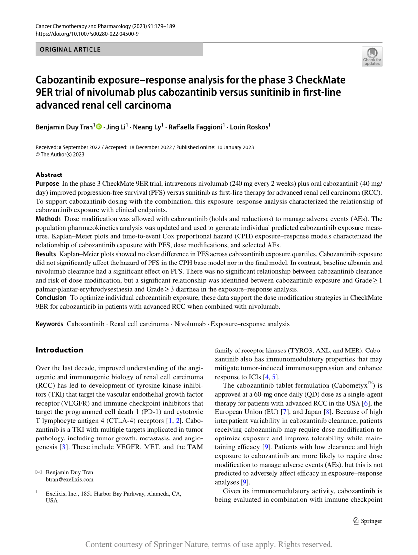 Pdf Cabozantinib Exposure–response Analysis For The Phase 3 Checkmate