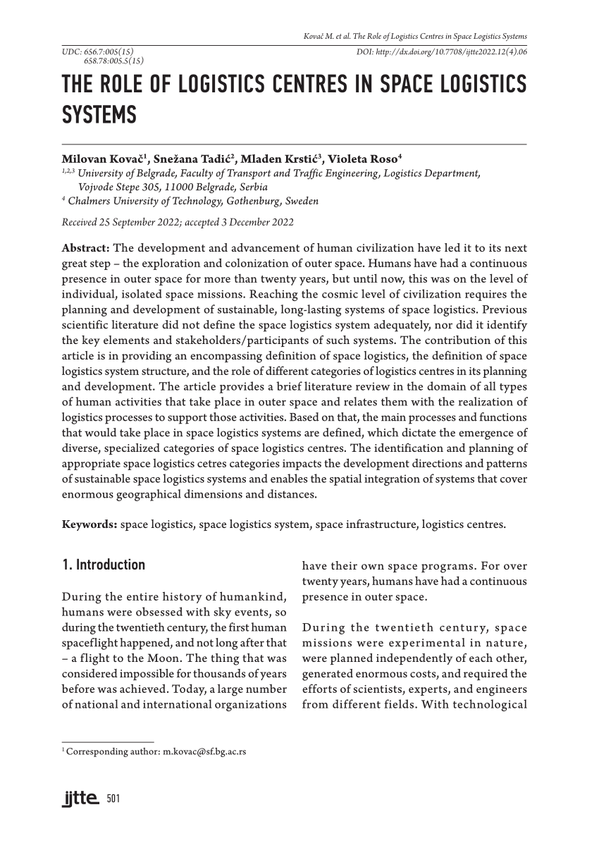 PDF The Role of Logistics Centres in Space Logistics Systems