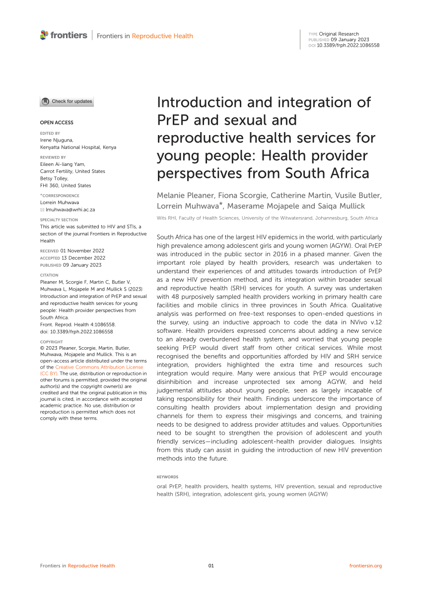 Pdf Introduction And Integration Of Prep And Sexual And Reproductive Health Services For Young 6123