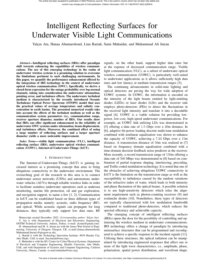 (PDF) Intelligent Reflecting Surfaces for Underwater Visible Light