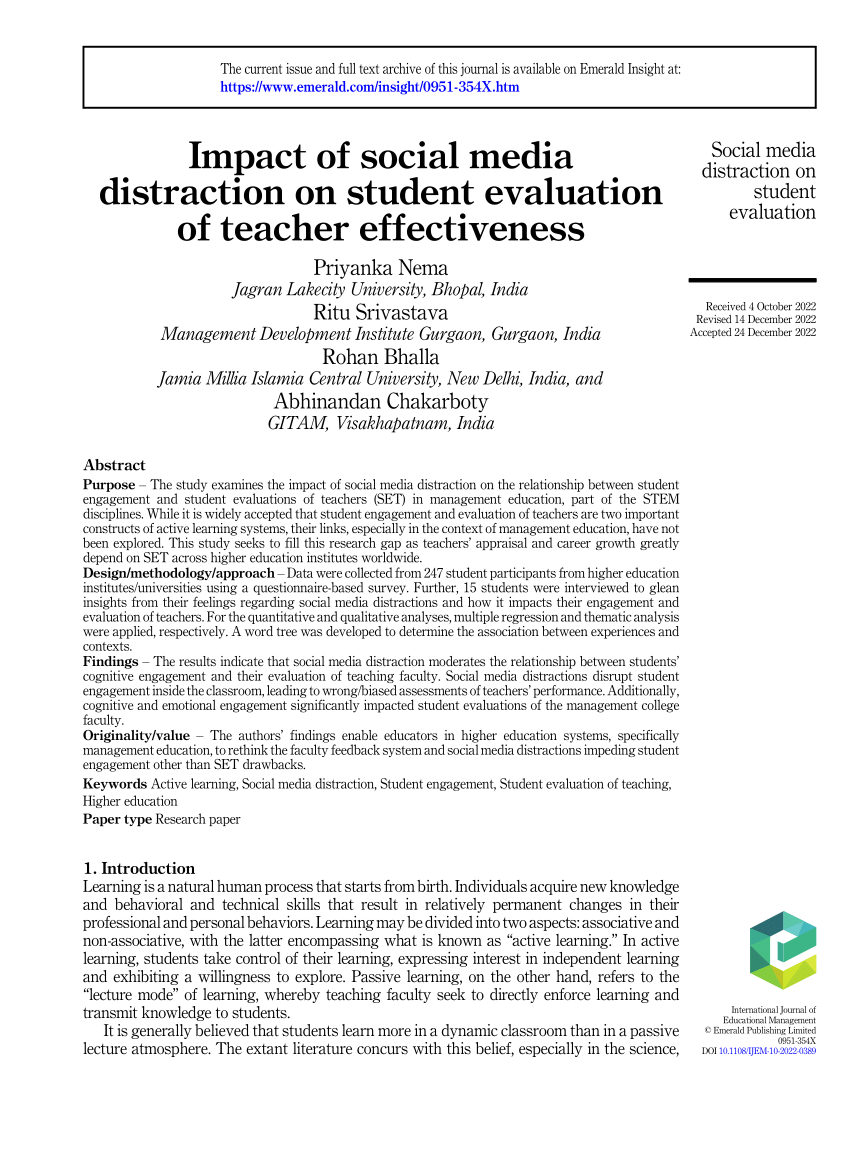 research about social media distraction for students