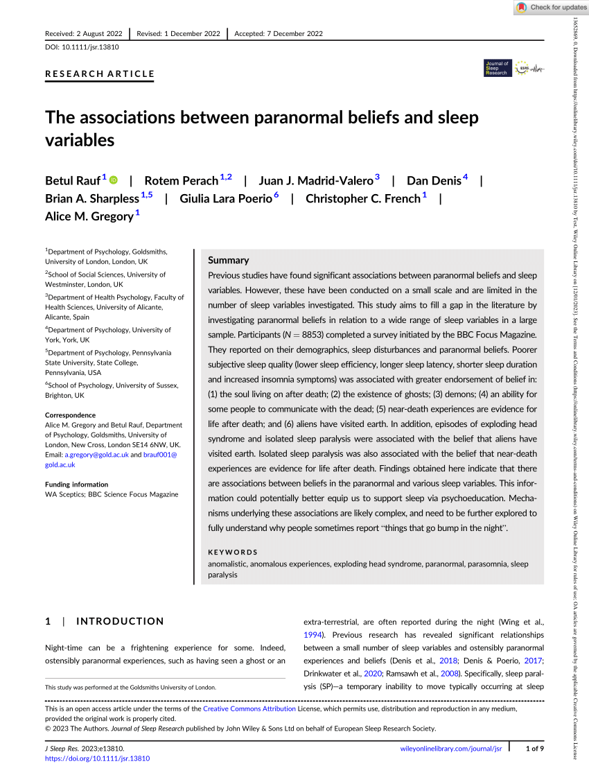 Pdf The Associations Between Paranormal Beliefs And Sleep Variables