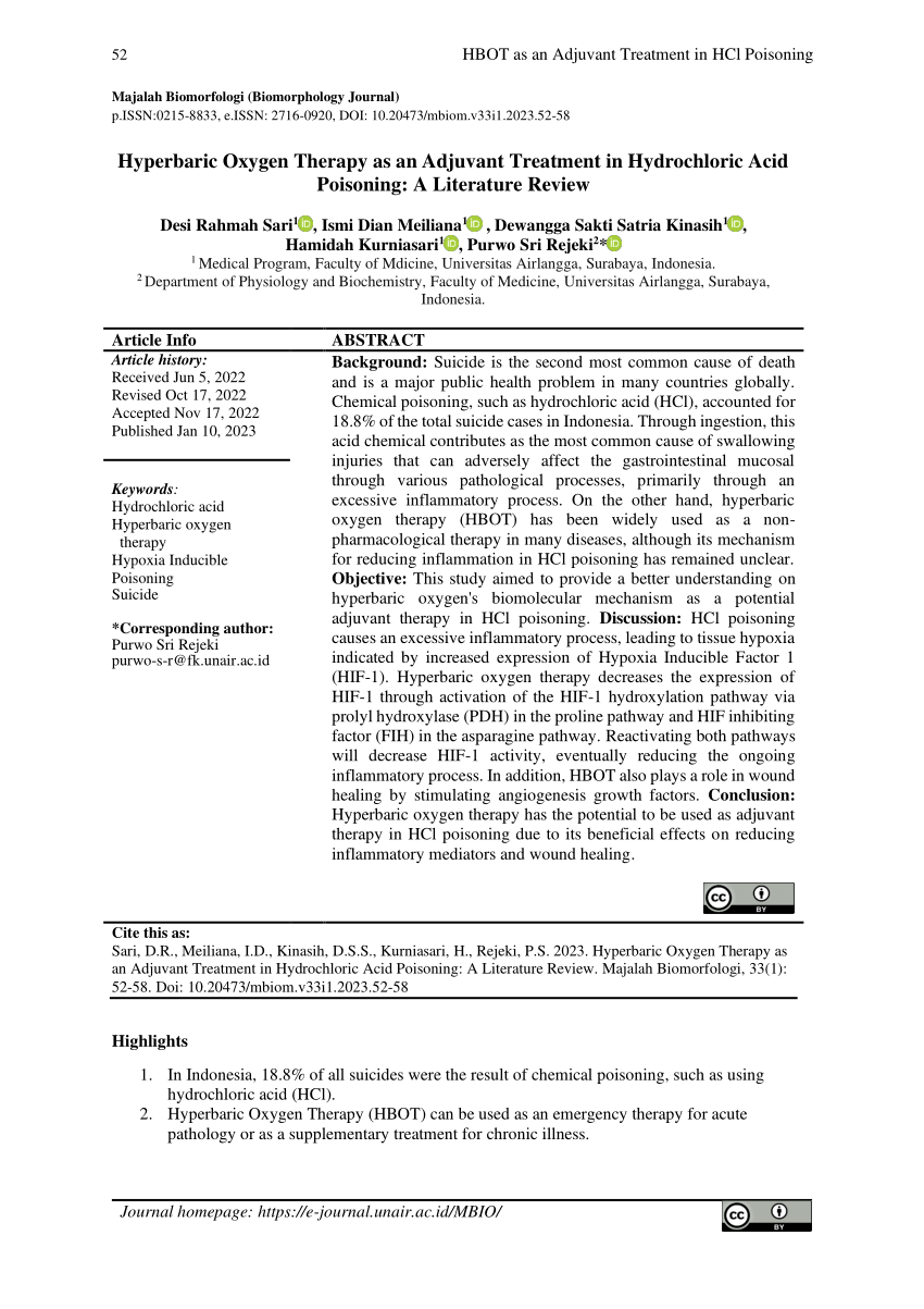 (PDF) HYPERBARIC OXYGEN THERAPY AS AN ADJUVANT TREATMENT IN