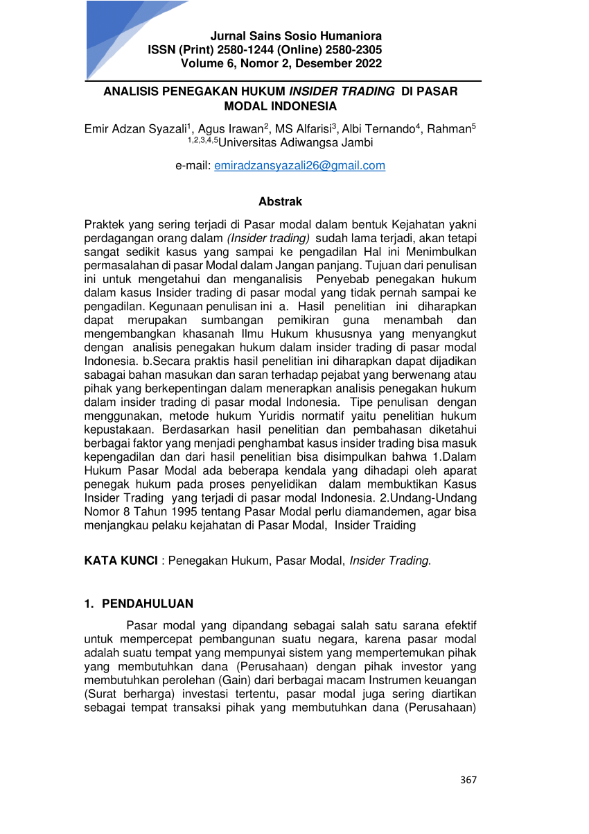 (PDF) ANALISIS PENEGAKAN HUKUM INSIDER TRADING DI PASAR MODAL INDONESIA