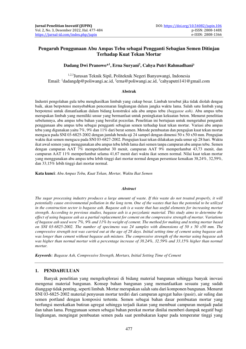 Pdf Pengaruh Penggunaan Abu Ampas Tebu Sebagai Pengganti Sebagian Semen Ditinjau Terhadap Kuat 4515