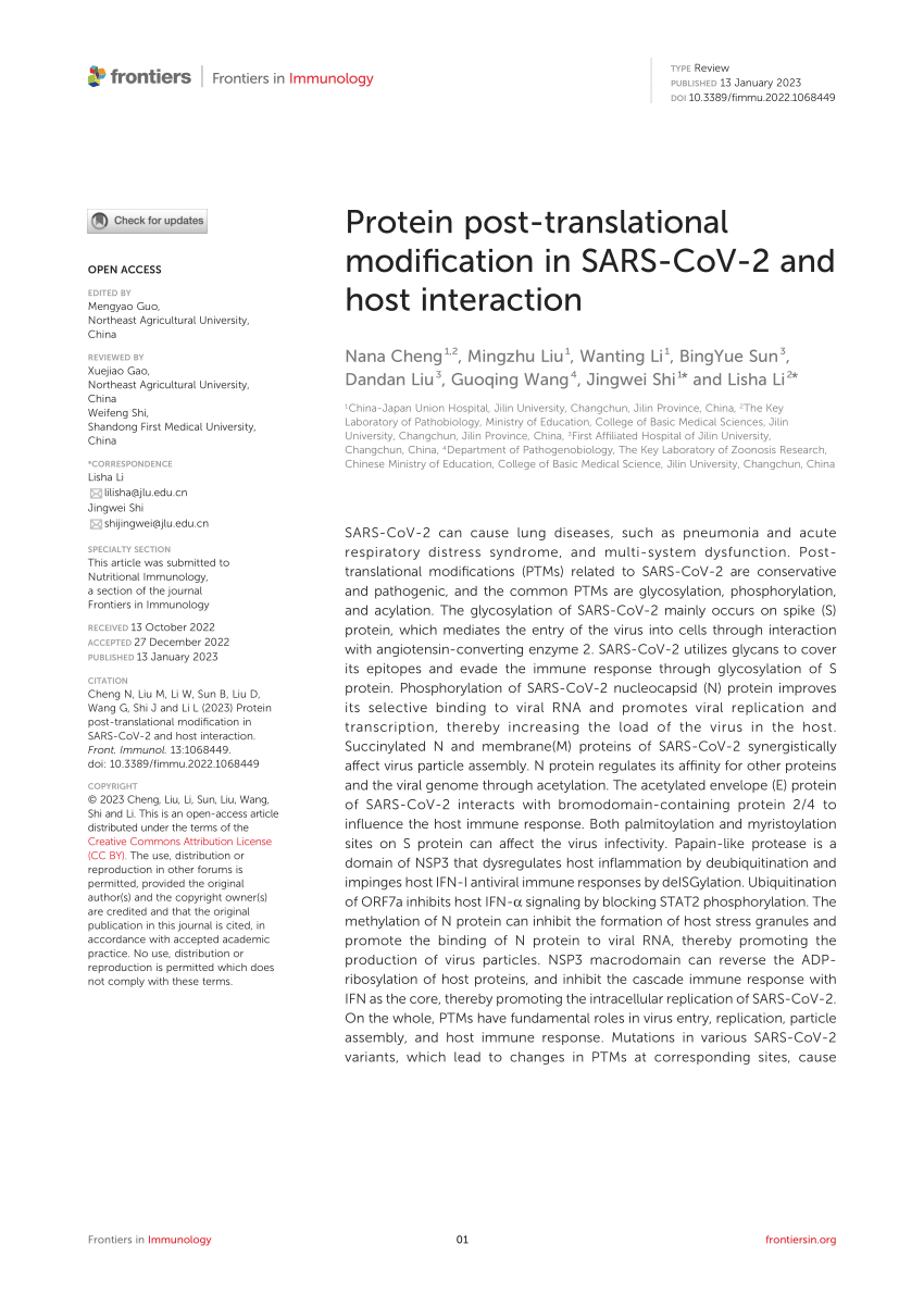 (PDF) Protein posttranslational modification in SARSCoV2 and host