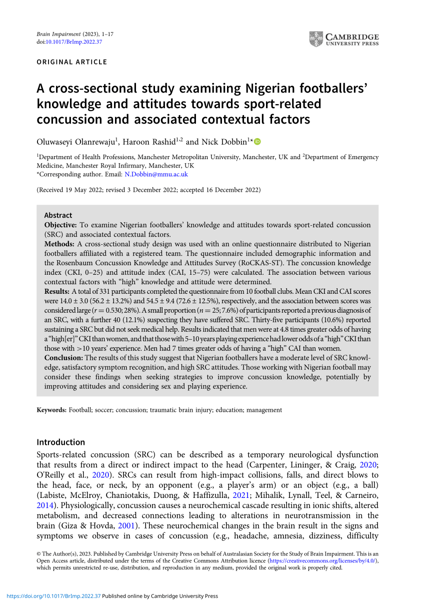 PDF) A cross-sectional study examining Nigerian footballers knowledge and attitudes towards sport-related concussion and associated contextual factors