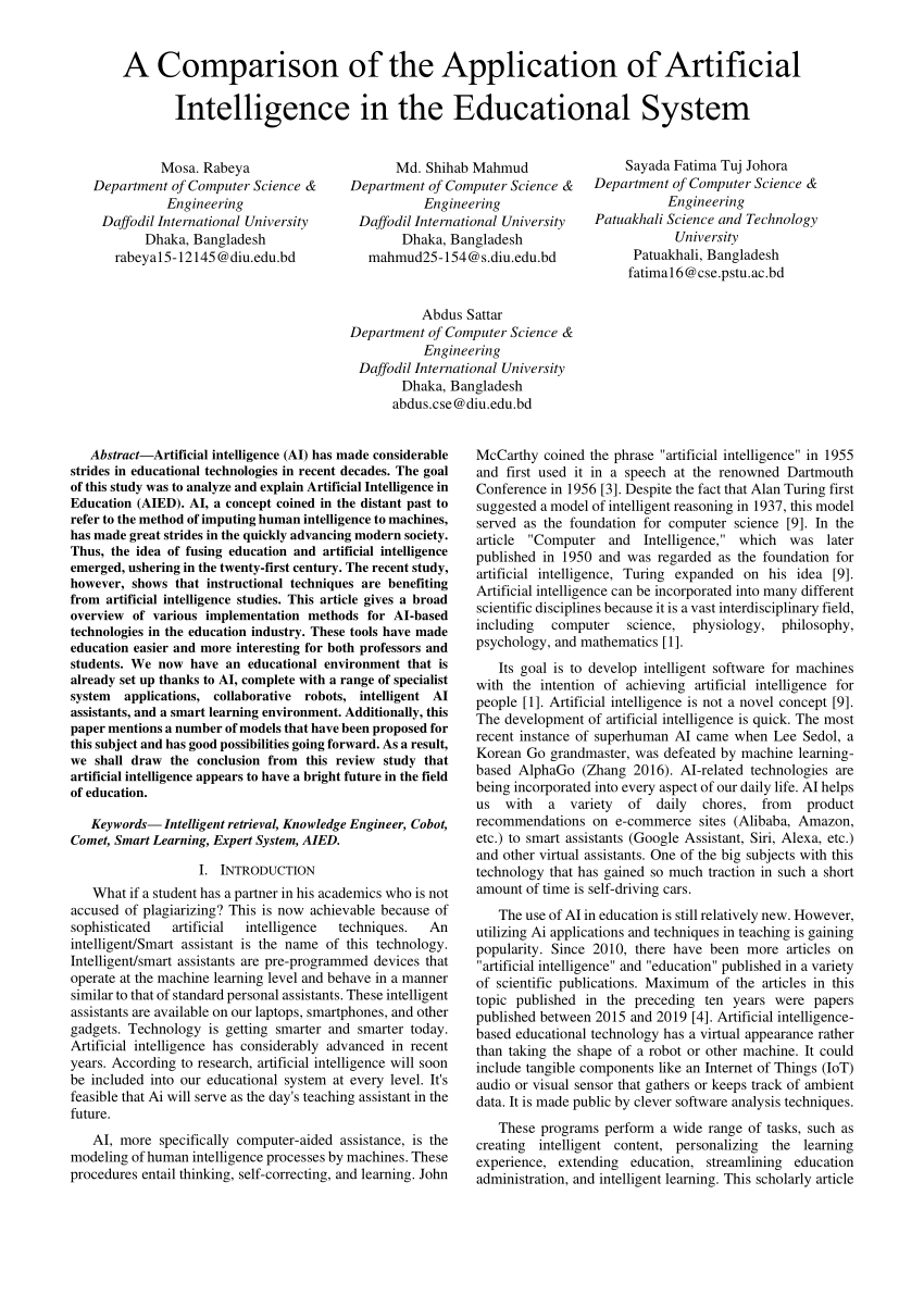 Pdf A Comparison Of The Application Of Artificial Intelligence In The Educational System 