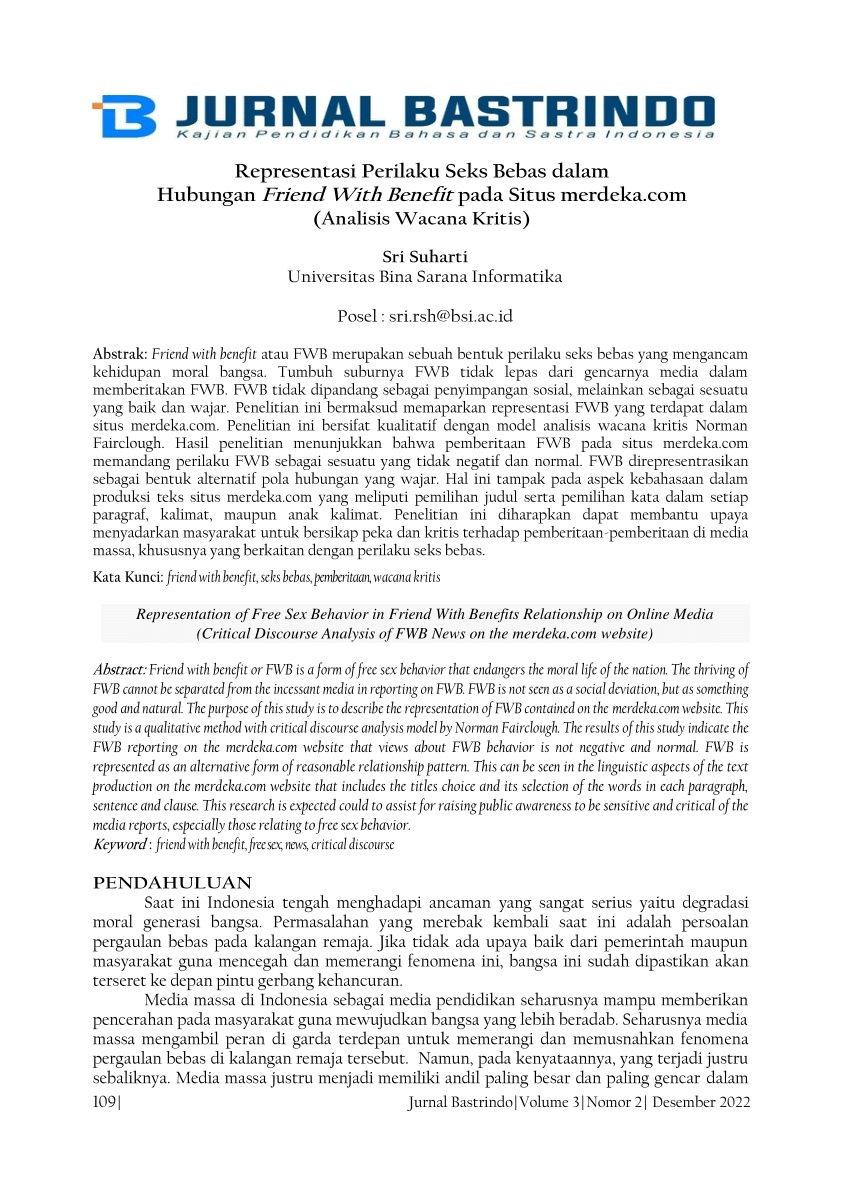 PDF) Representasi Perilaku Seks Bebas dalam Hubungan Friend With Benefit  Pada Media Daring (Analisis Wacana Kritis Pemberitaan FWB Pada Situs  merdeka.com)