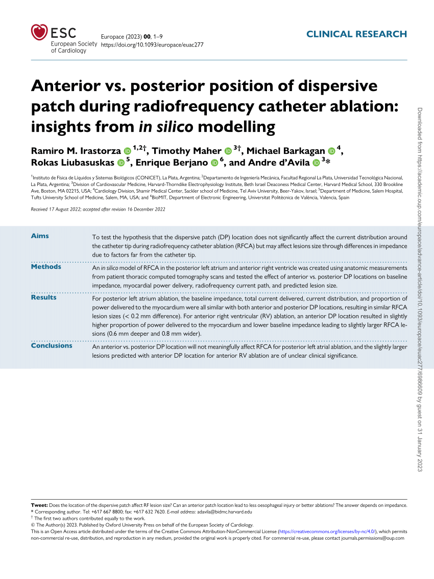 PDF) Anterior vs. posterior position of dispersive patch during  radiofrequency catheter ablation: insights from in silico modelling