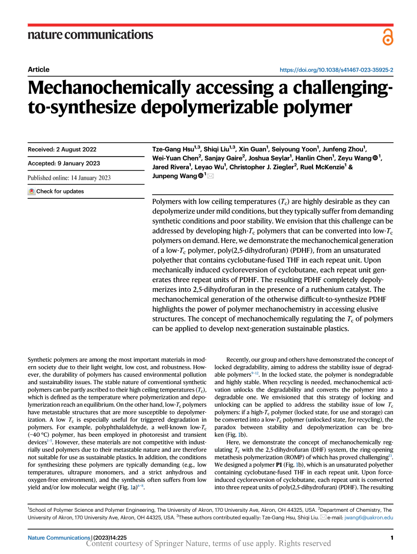 PDF) Mechanochemically accessing a challenging-to-synthesize  depolymerizable polymer