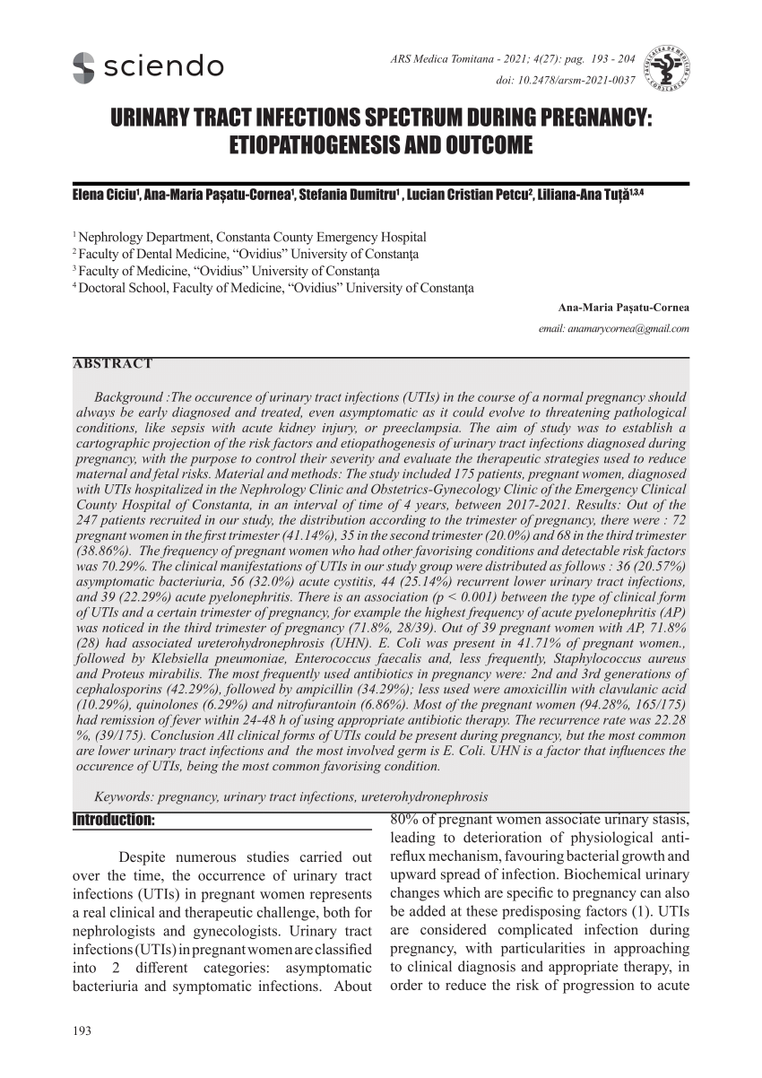 Pdf Urinary Tract Infections Spectrum During Pregnancy Etiopathogenesis And Outcome 8432