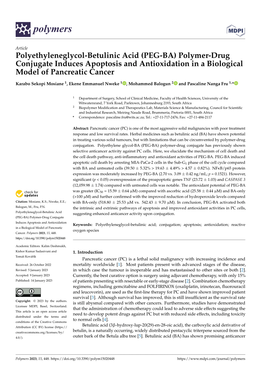 PDF) Polyethyleneglycol-Betulinic Acid (PEG-BA) Polymer-Drug Conjugate Induces Apoptosis and Antioxidation in a Biological Model of Pancreatic Cancer