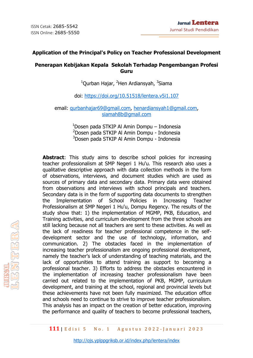 (PDF) Penerapan Kebijakan Kepala Sekolah Terhadap Pengembangan Profesi Guru