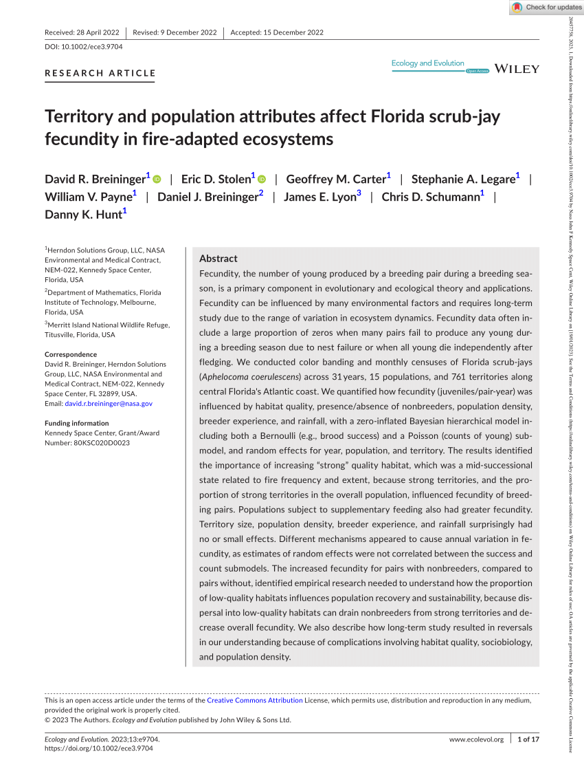PDF) Territory and population attributes affect Florida scrub‐jay