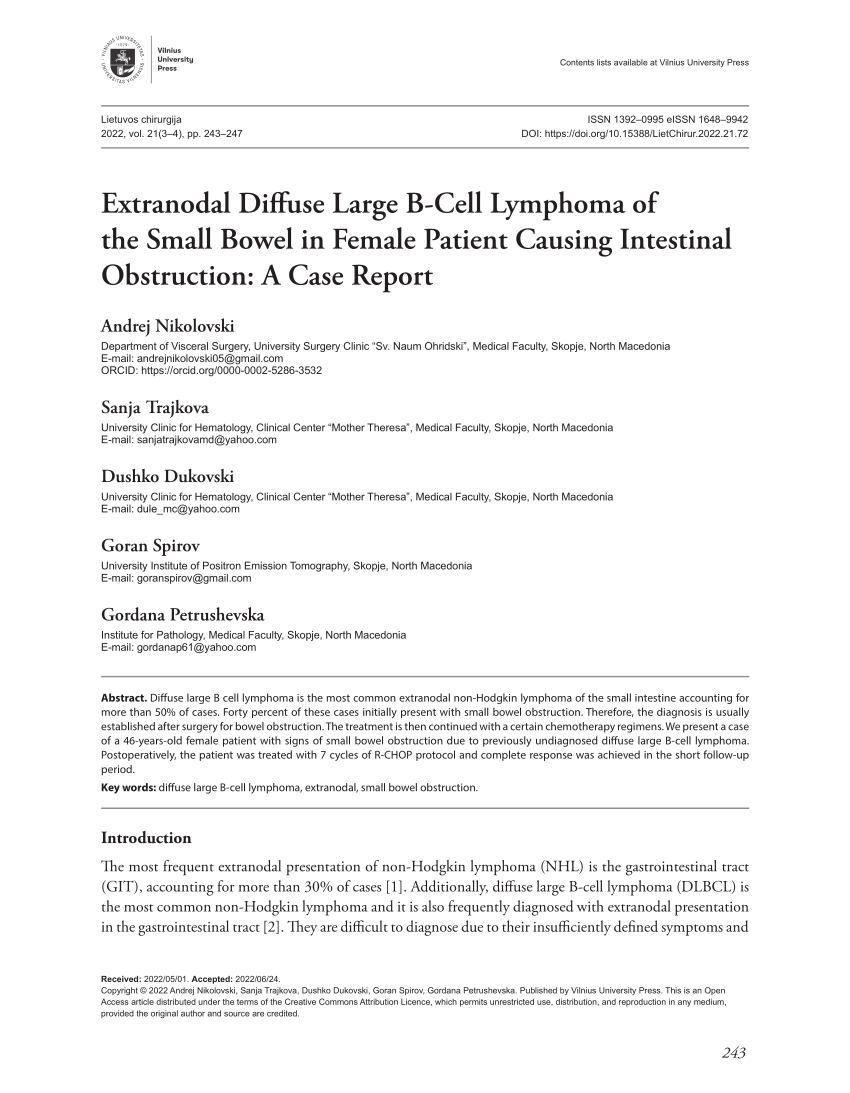 Pdf Extranodal Diffuse Large B Cell Lymphoma Of The Small Bowel In Female Patient Causing 