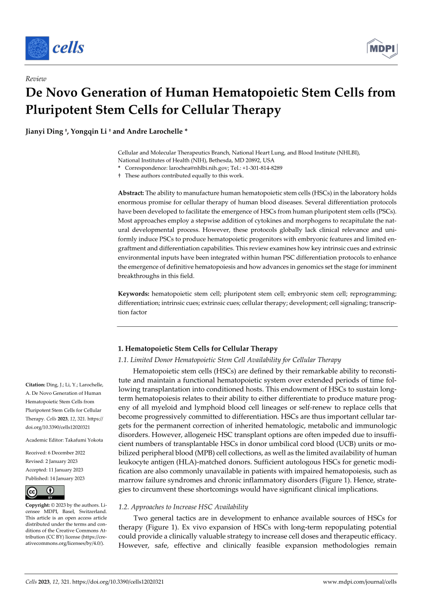 Pdf De Novo Generation Of Human Hematopoietic Stem Cells From Pluripotent Stem Cells For 