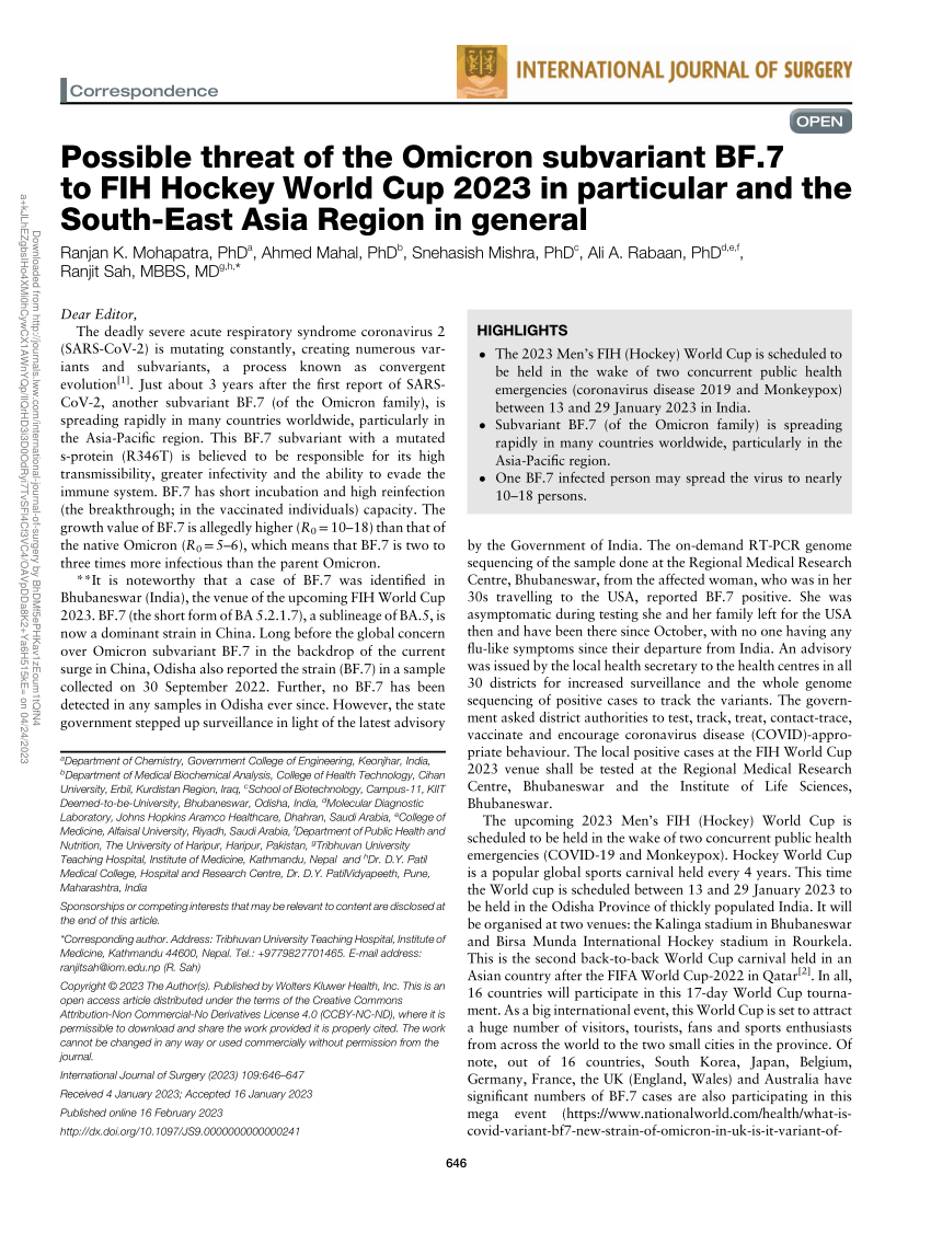 (PDF) Possible Threat of the Omicron Subvariant BF.7 to FIH Hockey