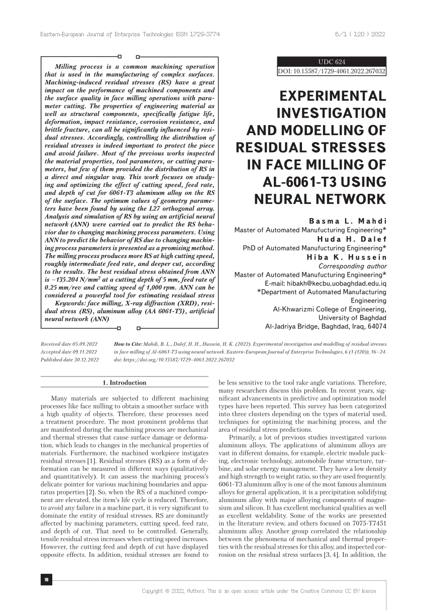 experimental investigation and modelling