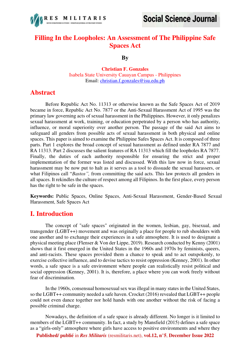 PDF) Filling In the Loopholes: An Assessment of The Philippine Safe Spaces  Act