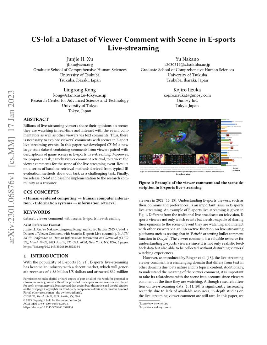 PDF) CS-lol: a Dataset of Viewer Comment with Scene in E-sports Live- streaming