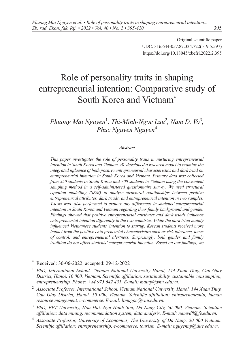 (PDF) Role of personality traits in shaping entrepreneurial intention: Comparative study of 