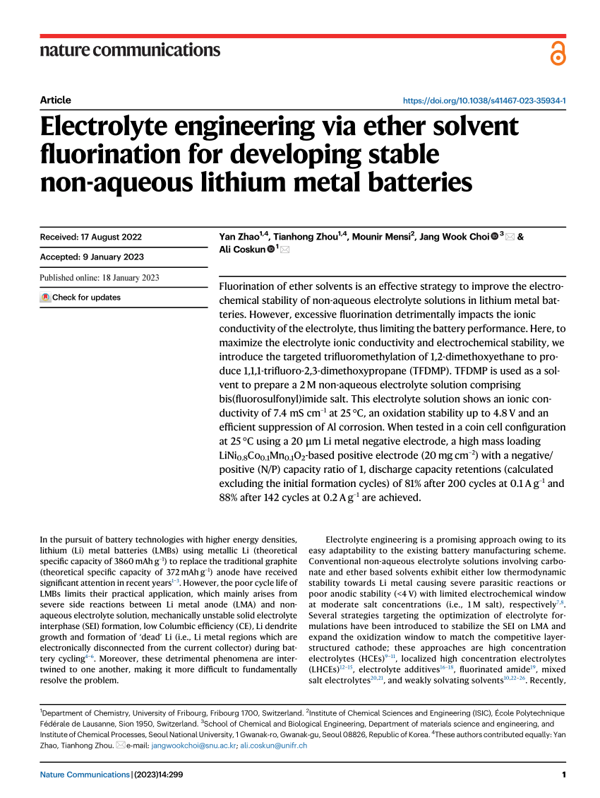 PDF) Electrolyte engineering via ether solvent fluorination for